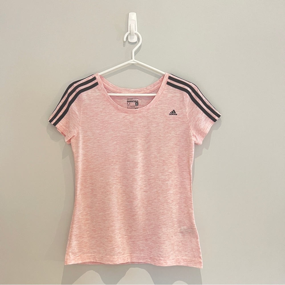 adidas Pink Short Sleeve Tee with Black Shoulder Stripes